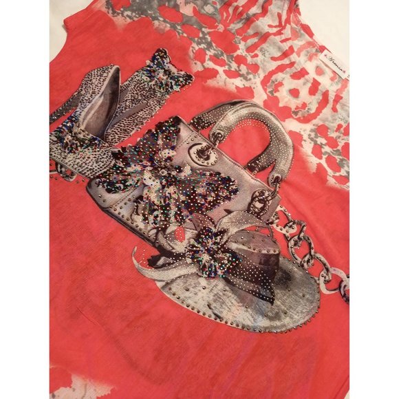 ARONIA Coral Ladies Lined Multicolored Beaded Cap Sleeve Blouse Plus Size 1X - Picture 2 of 3